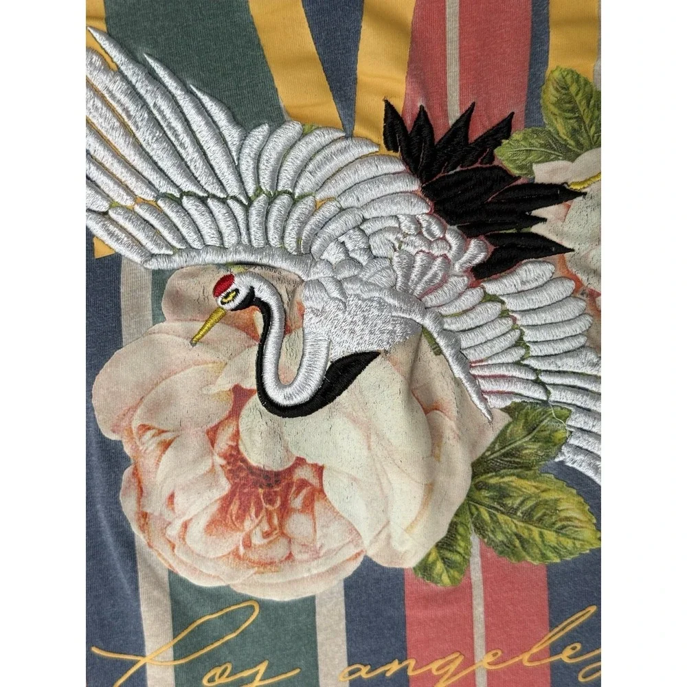 Civil Regime Stripe T-Shirt Bird Crane Roses LA Floral Los Angelas Cotton‎ Small